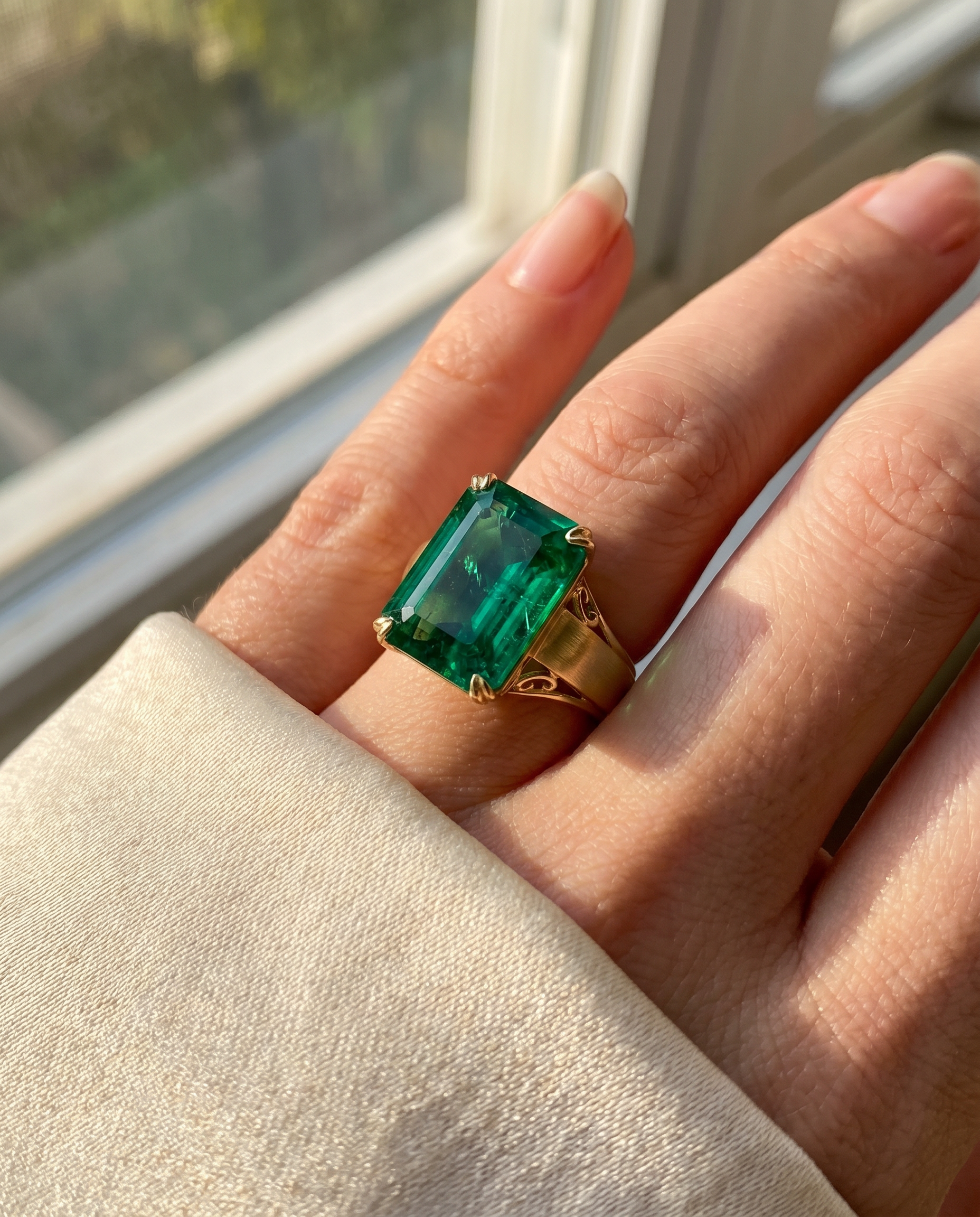 Golden hour emerald ring close-up