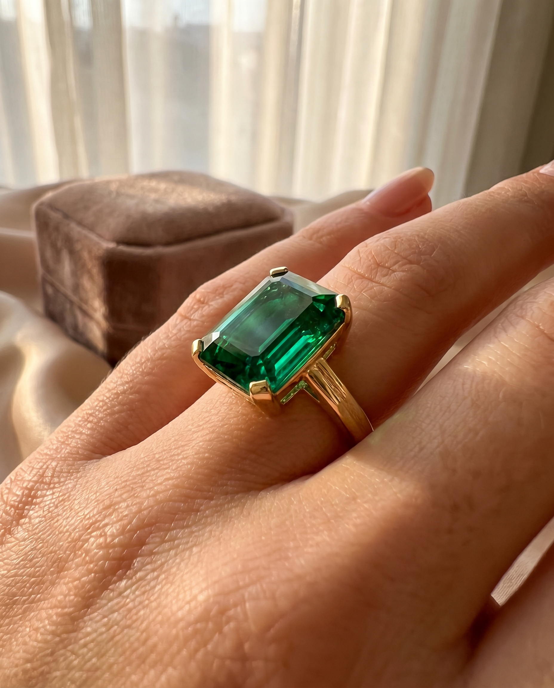 Golden hour emerald ring on hand