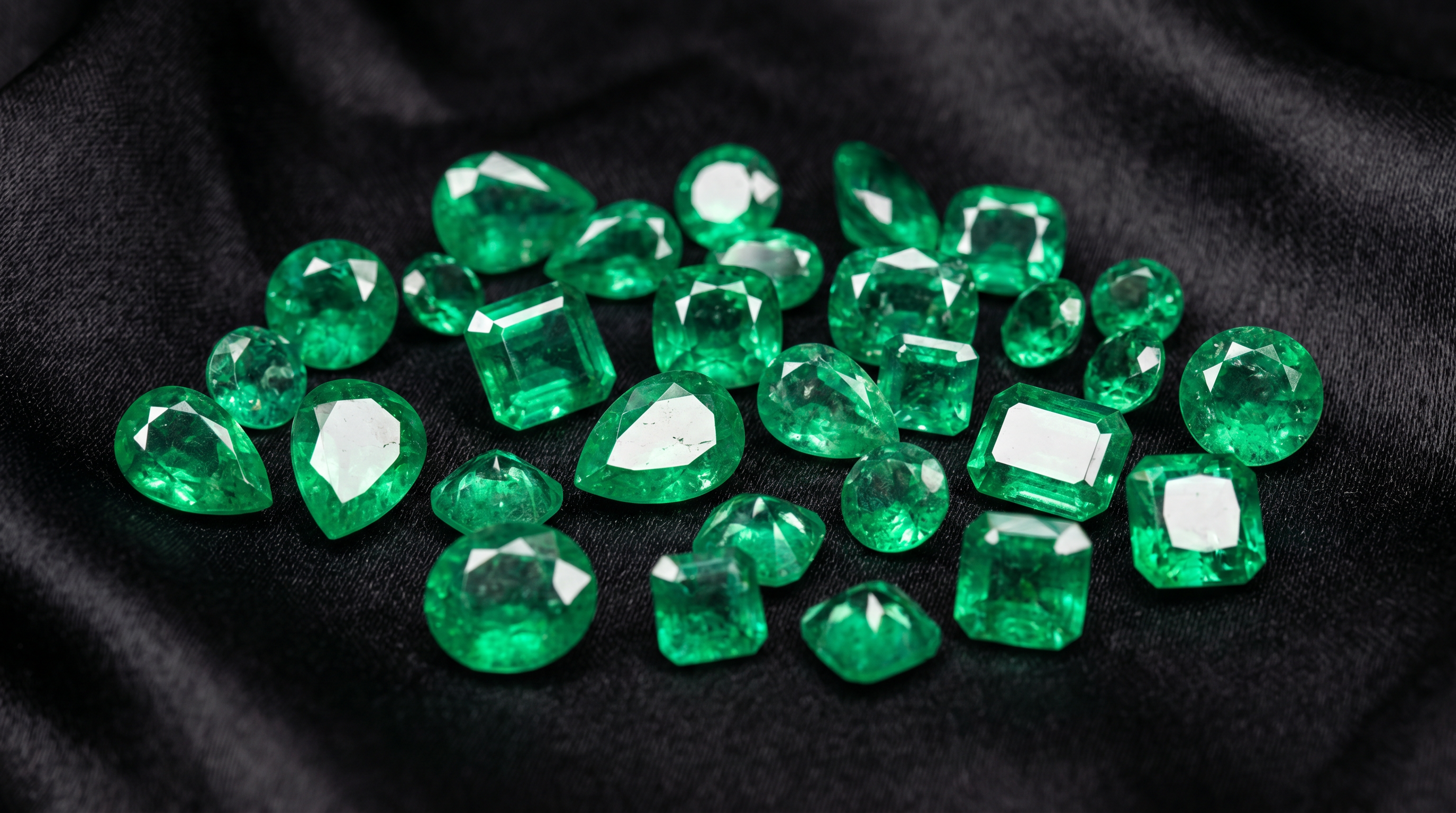 Aerial view of emeralds on black cloth