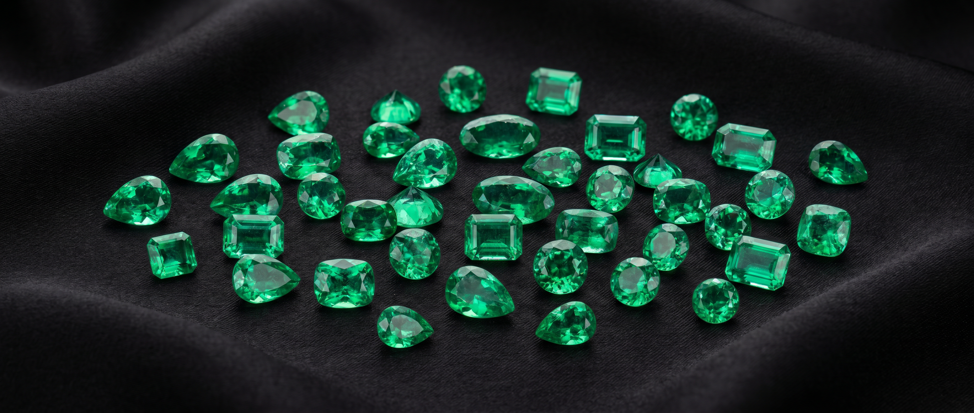 Aerial view of small emeralds on black cloth
